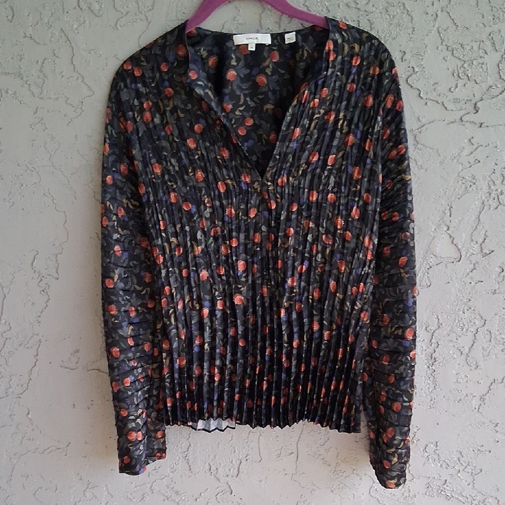 Vince Blue and Black Pleated Notched Collar Blouse